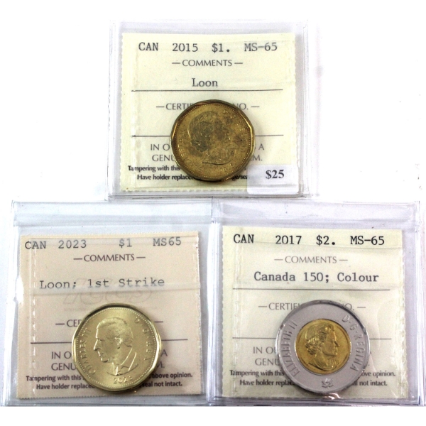 Loon $1 2015 & 2023 1st Strike & $2 2017 Canada 150; Colour ICCS MS65. 3pcs