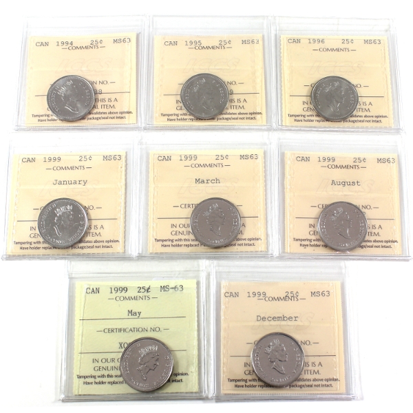 25-cent 1994-1999 ICCS MS63. 8pcs.