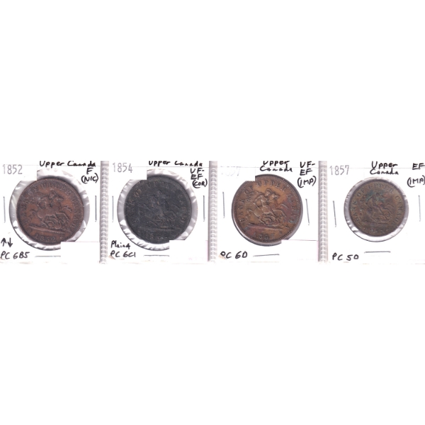 Group Lot of 1852-1857 Upper Canada Penny & Half Penny Tokens F to EF in 4-Pocket Sheet. 4pcs.