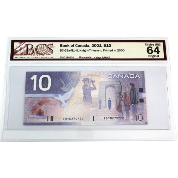 RADAR BC-63a-N1-iii 2001 $10 4 Digit RADAR BCS CUNC64 Original Knight-Thiessen SN: FDY0279720