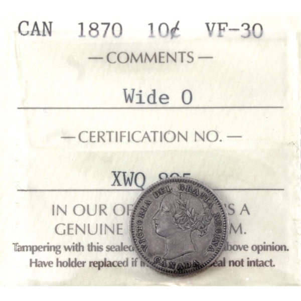 10-cent 1870 Wide 0 ICCS VF30