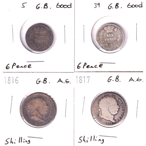 Great Britain 1816-1879 Shilling & 6 Pence AG to G. 4pcs