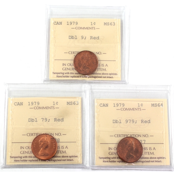 1-cent 1979 Varieties ICCS MS63 to MS64 Red. 3pcs.
