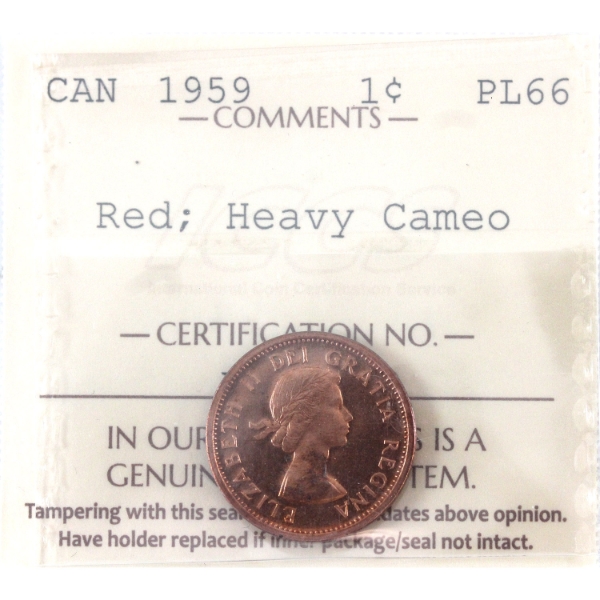 1-cent 1959 ICCS PL66 Heavy Cameo; Red 