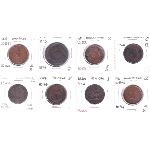 Bulk Lot of 1812-1850 Penny & Half Penny Tokens G to VF in 8-Pocket Sheet. 8pcs.