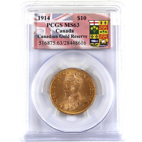1914 Gold $10 PCGS MS63. In Canadian Gold Reserve Holder.