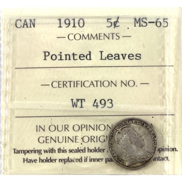 5-cent 1910 Pointed Leaves ICCS MS65