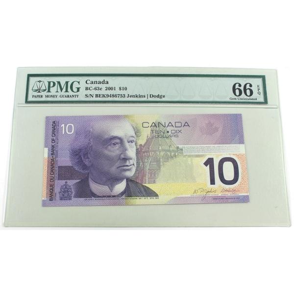 BC-63c 2001 $10 PMG GEM UNC66 EPQ Jenkins-Dodge SN: BEK9486753