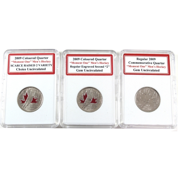 25-cent 2009 'Moment One' Men's Hockey GEM UNC in Plastic Holders. 3pcs