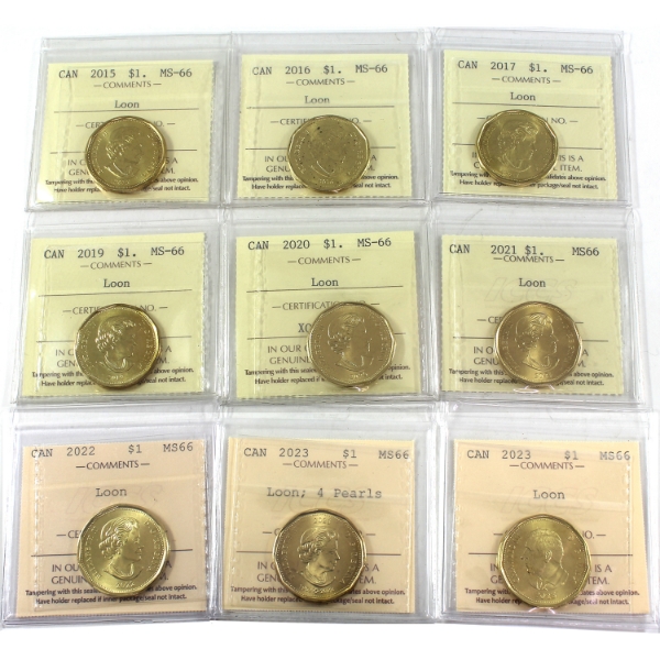 9x Loon $1 2015, 2016, 2017, 2019, 2020, 2021, 2022, 2023 QEII 4 Pearls, & 2023 KCIII ICCS MS66