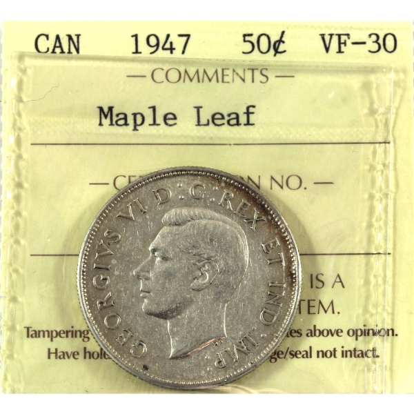 50-cent 1947 Maple Leaf ICCS VF30