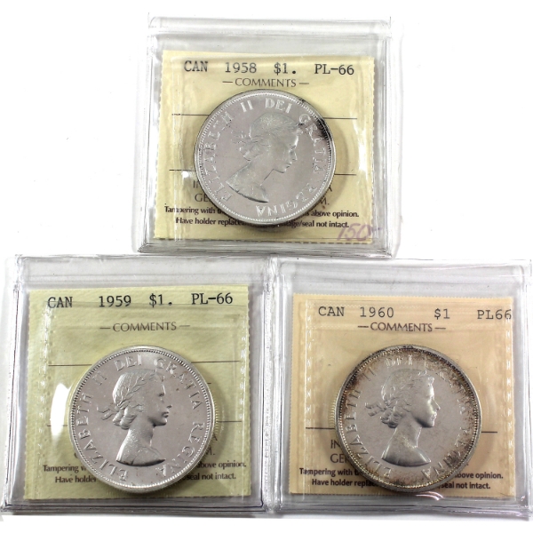 Silver $1 1958, 1959, & 1960 Cameo ICCS PL66. 3pcs.