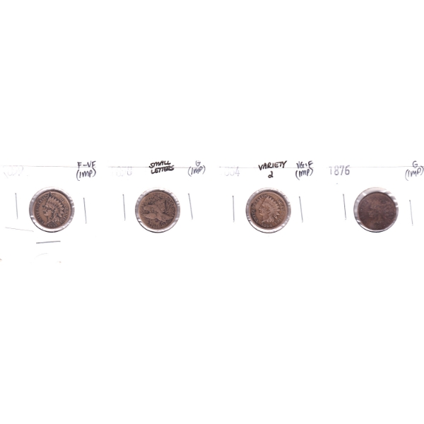 USA 1858-1876 1-cent Coins G to F-VF in 4-Pocket Sheet. (Impaired) 4pcs.