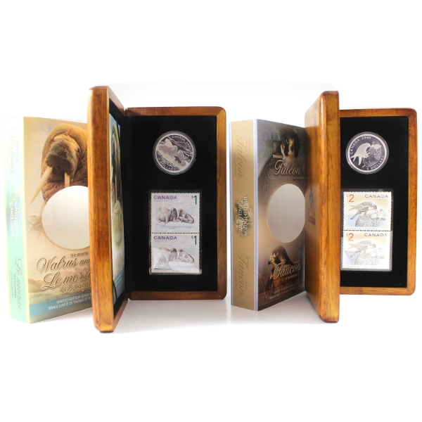 2005 Walrus and Calf & 2006 Peregrine Falcon and Nestlings $5 Coin and Stamp Sets. 2 Sets