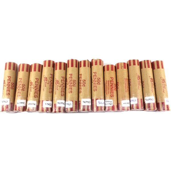 Bulk Lot of 1-cent 1961-2009 Rolls of 50pcs. 13 Rolls.