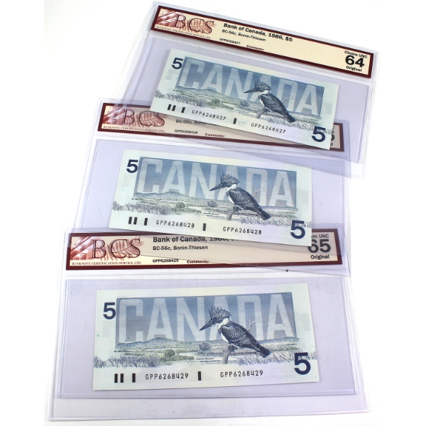3x BC-56c 1986 $5 Consecutive BCS CUNC64 Original to GEM UNC65 Original Bonin-Thiessen GPP Prefix