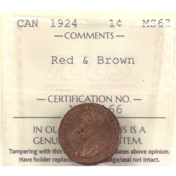 1-cent 1924 ICCS MS62 Red & Brown