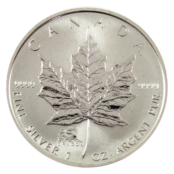 2000 $5 Silver Maple Leaf 1oz .9999 Fine Silver Coin w/ Dragon Privy Mark (Tax Exempt)