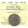 Image 1 : 25-cent 1999 November Mule; Numismatic BU ICCS MS66