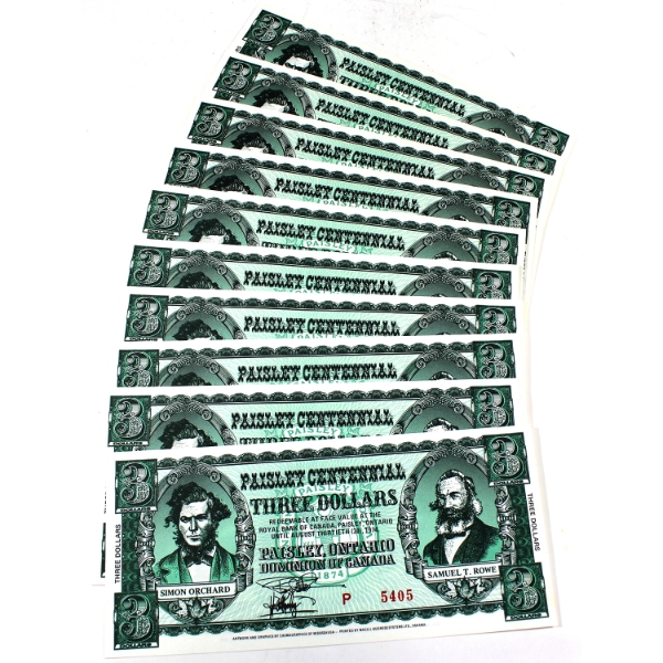 Group Lot of Paisley, Ontario 1974  Royal Bank of Canada $3 Paisley Centennial Banknotes. 10pcs