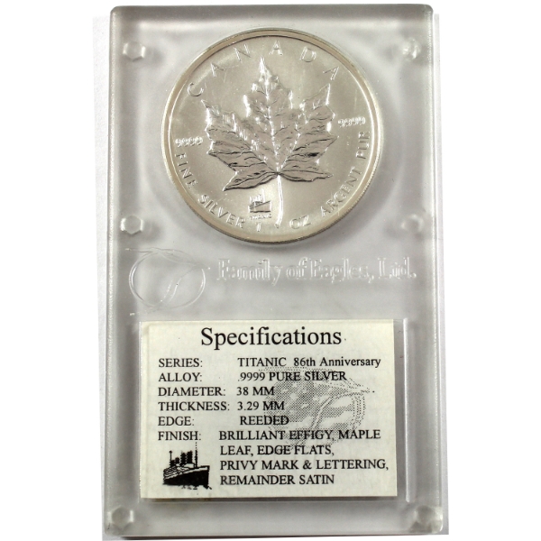 1oz 1998 $5 Silver Maple Leaf .9999 Fine Silver Coin w/ Titanic Privy Mark (Tax Exempt)
