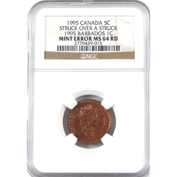 ERROR 5-cent 1995 Mint Error Struck Over A Struck 1995 Barbados 1-cent NGC MS64 Red