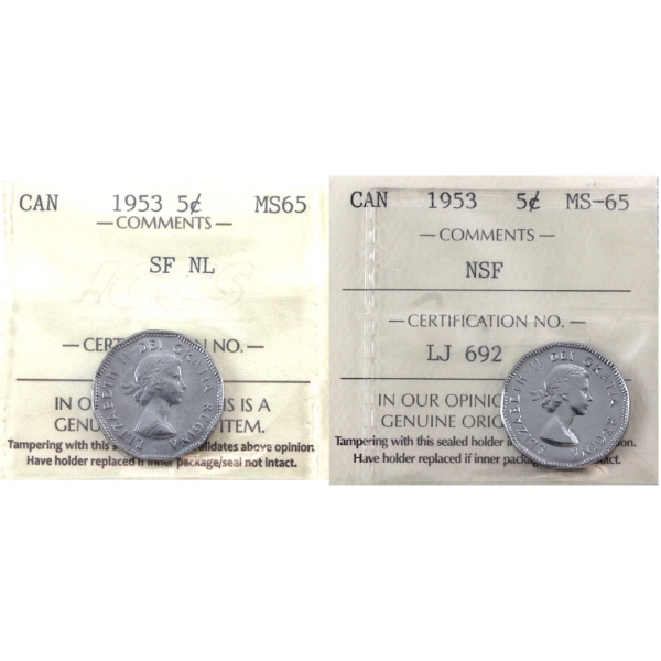 5-cent 1953 NSF & SF NL ICCS MS65. 2pcs