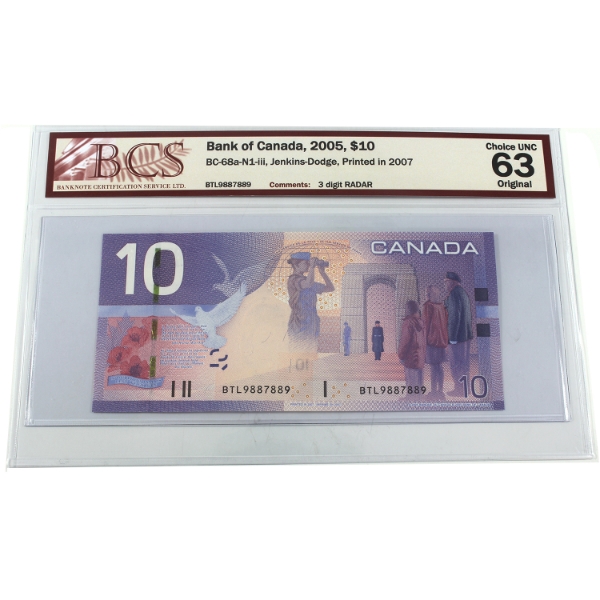 RADAR BC-68a-N1-iii 2005 $10 3-digit RADAR BCS CUNC63 Original Jenkins-Dodge SN: BTL9887889