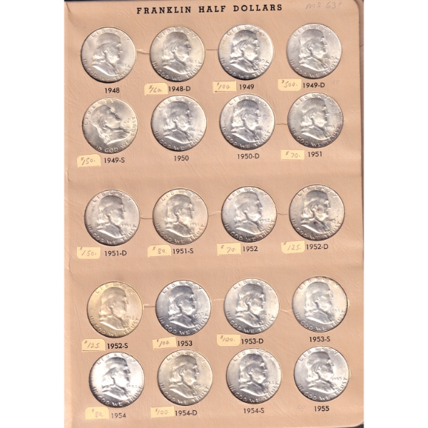 USA Group Lot of 1948-1968 Franklin Half Dollars in Album. 40pcs