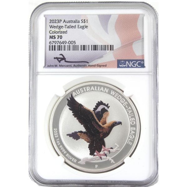 Australia Silver 2023P $1 Wedge-Tailed Eagle Colourized 1oz .9999 Fine Silver Coin NGC MS70