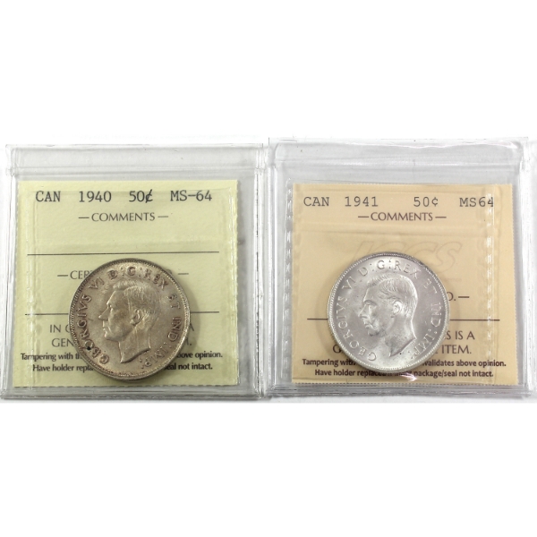 50-cent 1940 & 1941 ICCS MS64. 2pcs.