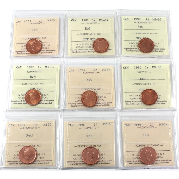 1-cent 1990-1999 ICCS MS65 Red. 9pcs.
