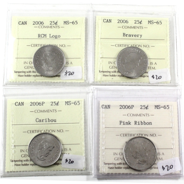 25-cent 2006P Pink Ribbon, 2006P, 2006 Bravery & 2006 RCM Logo ICCS MS65. 4pcs