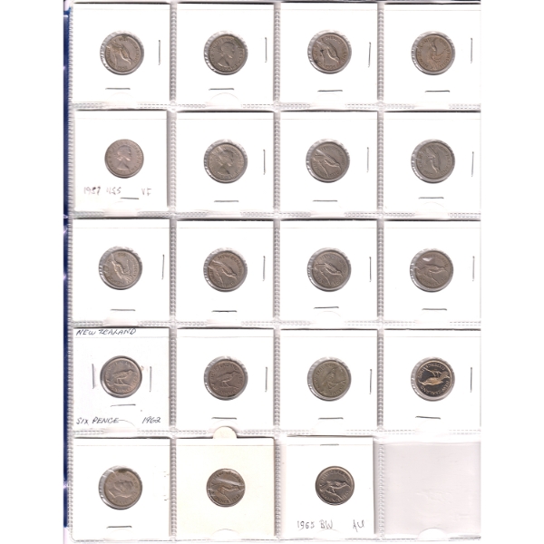 Bulk Collection of New Zealand Sixpence 1933-1965 in 20-Pocket Sheets. 39pcs.