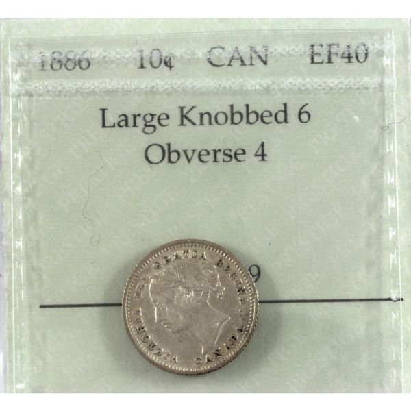 10-cent 1886 Large Knobbed 6, Obv 4 Prestige Certified EF40