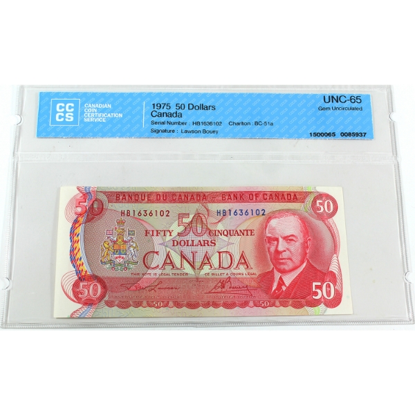 BC-51a 1975 $50 CCCS GEM UNC65 Lawson-Bouey SN: HB1636102