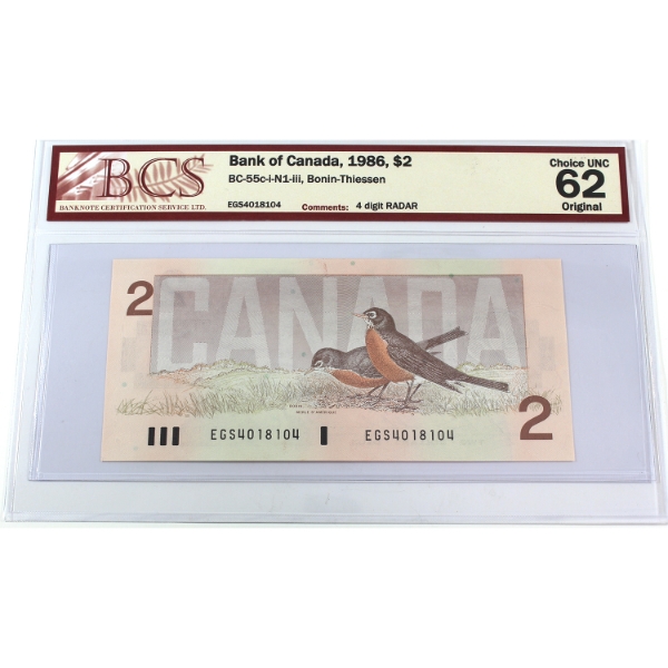 RADAR BC-55c-i-N1-iii 1986 $2 4-Digit RADAR BCS CUNC62 Original Bonin-Thiessen SN: EGS4018104