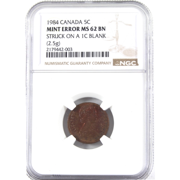 ERROR 5-cent 1984 Mint Error Struck On 1-cent Blank NGC MS62 Brown