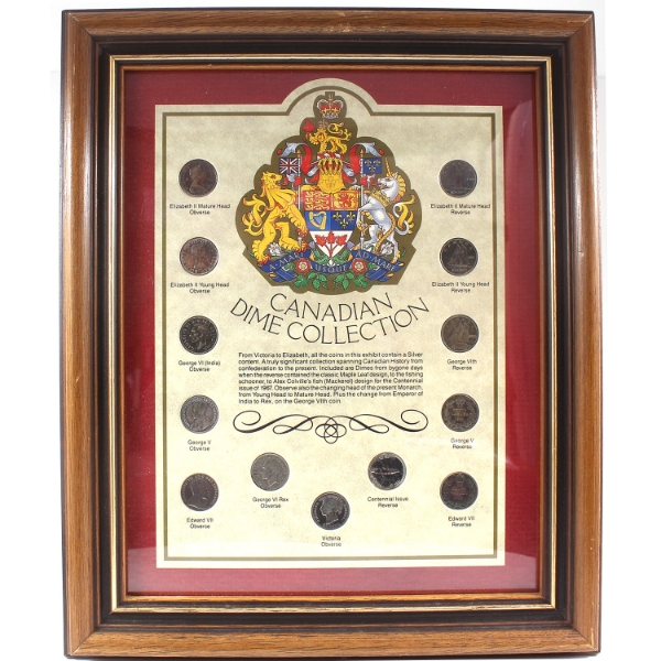 Canadian Dime Collection 13-coin Set in Wooden Frame