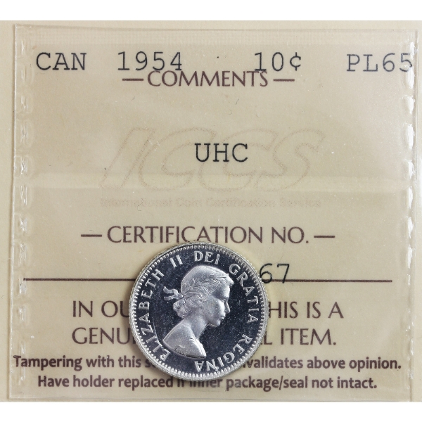 10-cent 1954 ICCS PL65 Ultra Heavy Cameo