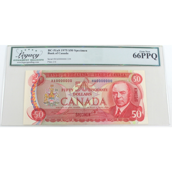 BC-51aS 1975 $50 SPECIMEN Legacy GEM UNC66 PPQ Lawson-Bouey SN: HA0000000 339