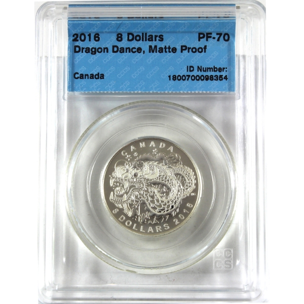 2016 $8 Dragon Dance 7.96g .9999 Fine Silver Matte Proof Coin CCCS PF70 (Tax Exempt)