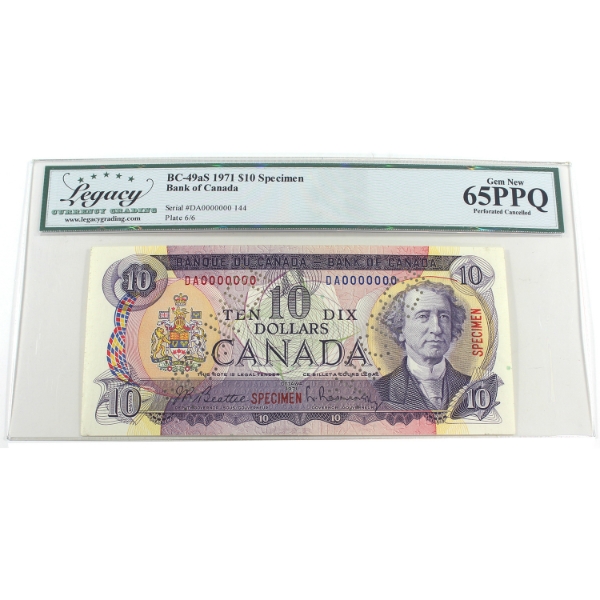 BC-49aS 1971 $10 Specimen Legacy GEM UNC65 PPQ Beattie-Rasminsky SN:DA0000000 144