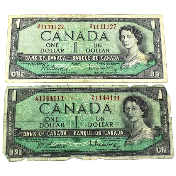 2x BC-37b 1954 $1 Circ. to F Beattie-Rasminsky Neat Number. 2pcs.