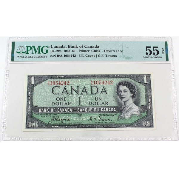 BC-29a 1954 $1 Devil's Face PMG AU55 EPQ Coyne-Towers SN: B/A1054242