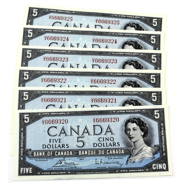 BC-39c 1954 $5 Consecutive Modified Portrait Bouey-Rasminsky SN:U/X6669320-"25. 6pcs.