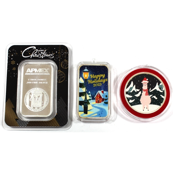 3x 1oz APMEX Holiday Themed .999 Fine Silver Bars & Round. 3pcs. (Tax Exempt)