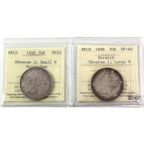 Newfoundland 50-cent 1898 Obv 1 Large W, & 1898 Obv 2 Small W ICCS EF40. 2pcs.