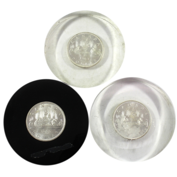Lot of 3 Lucite Acrylic w/ 1962, 1963 & 1965 Canadian Silver $1 Coins. 3pcs 