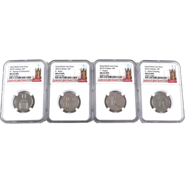 Group Lot of Great Britain 2019 10 Pence 'Great British Coin Hunt' NGC MS63 Deep Proof Like. 4pcs.